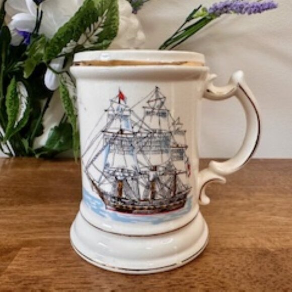 Vintage Gainsborough Moustache Mug Ship Design Gold Rim Ceramic Shaving Mug Tank - Picture 2 of 8